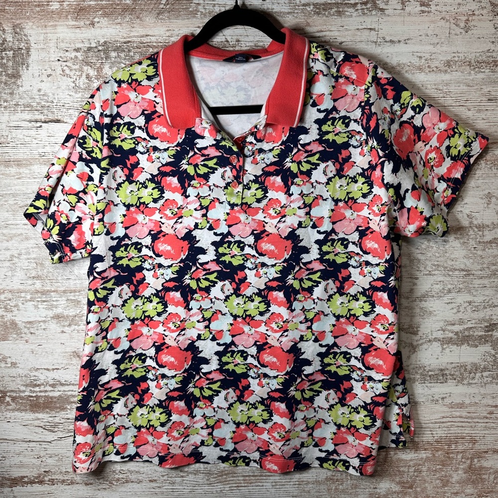 Lands’ End | Floral Polo Shirt | Women’s 2X Coral Navy Short Sleeve